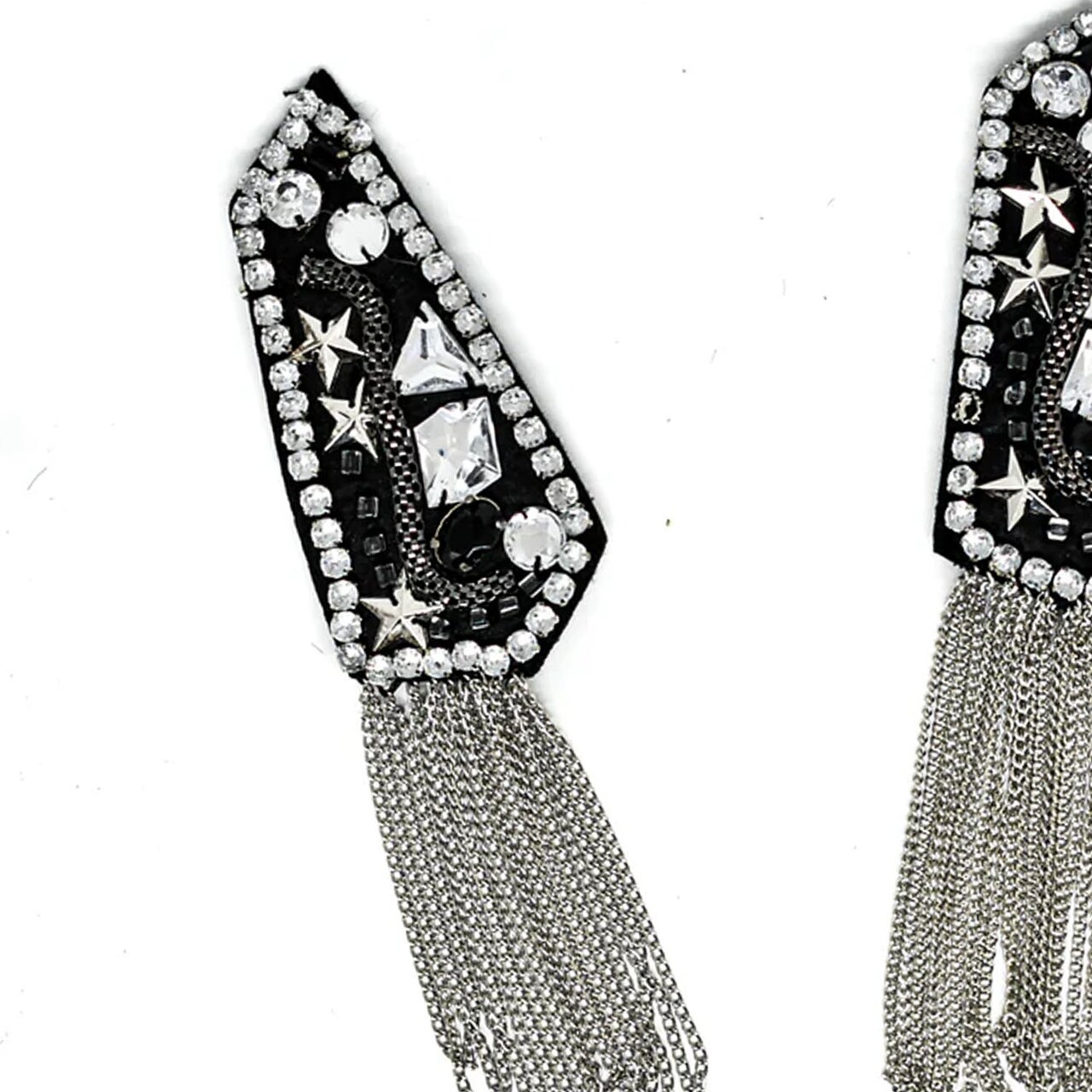 Studded Rhinestone Shoulder Pads with Tassel Chain for Festival Costumes